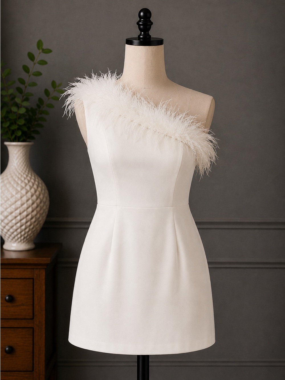 One Shoulder Off White Feather Trim Mini Dress